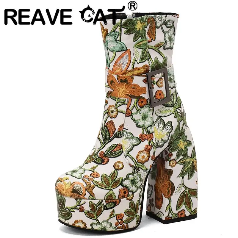 

Женские сапоги до середины икры REAVE CAT, яркие праздничные сапоги на высоком блочном каблуке 14 см и платформе 4,5 см с цветком на молнии, вечерние размер 34-48, N0118