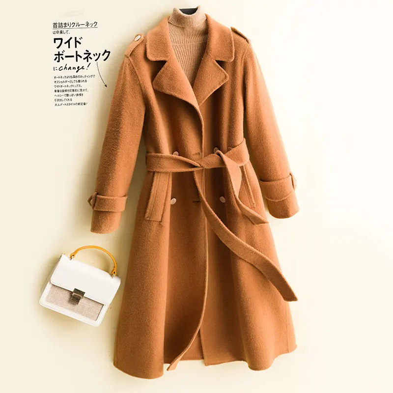 

2023Autumn/Winter New Double sided Cashmere Coat Women's Shoulder Badge Style Suit Collar Coat Medium Length Woolen Coat