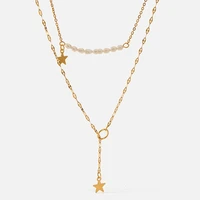 316l stainless steel new fashion natural pearls jewelry double layered star charms chain choker necklaces pendants for women