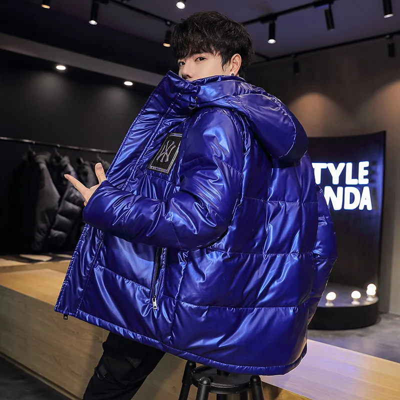 New Winter Shiny Leather jacket Men's Thick Warm Winter Jacket Casual Parka Waterproof Stand-up Collar Hooded Jacket Streetwear