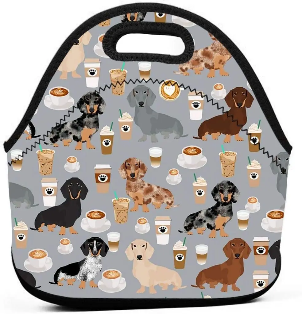 

Dachshund Lattes Neoprene Lunch Bag Reusable Insulated Lunch Tote with Zipper Carrying Lunchbox for School Picnic Travel