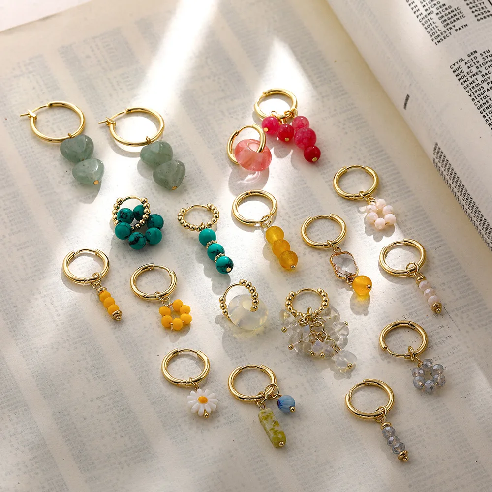 

Bohemian Handmade Natural Stone Beads Hoop Earrings for Women Golden Color Stainless Steel Circle Huggie Hoops Jewelry Bijoux