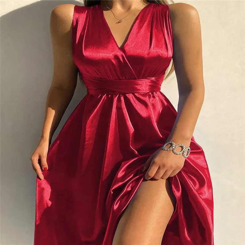 

Женское вечернее платье без рукавов, элегантное однотонное платье-трапеция с высокой талией, V-образным вырезом и открытой спиной, платье с перекрестными завязками