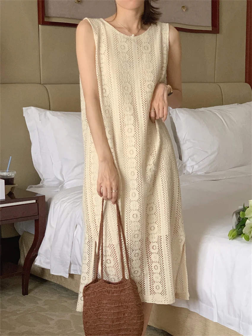

Alien Kitty Apricot Dress Sleeveless Split Hot Lace Hook Flowers 2022 Fashion Hollow Out New Women Summer Chic Retro Office Lady