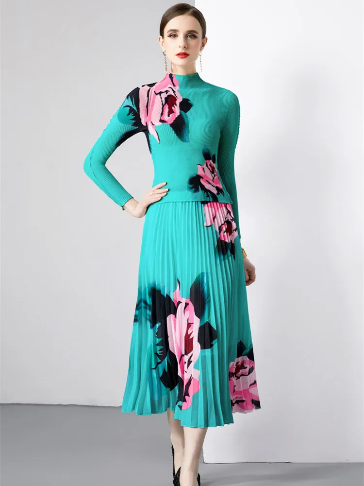 Miyake Модный дизайн Плиссированный комплект из двух предметов для женщин Осенняя