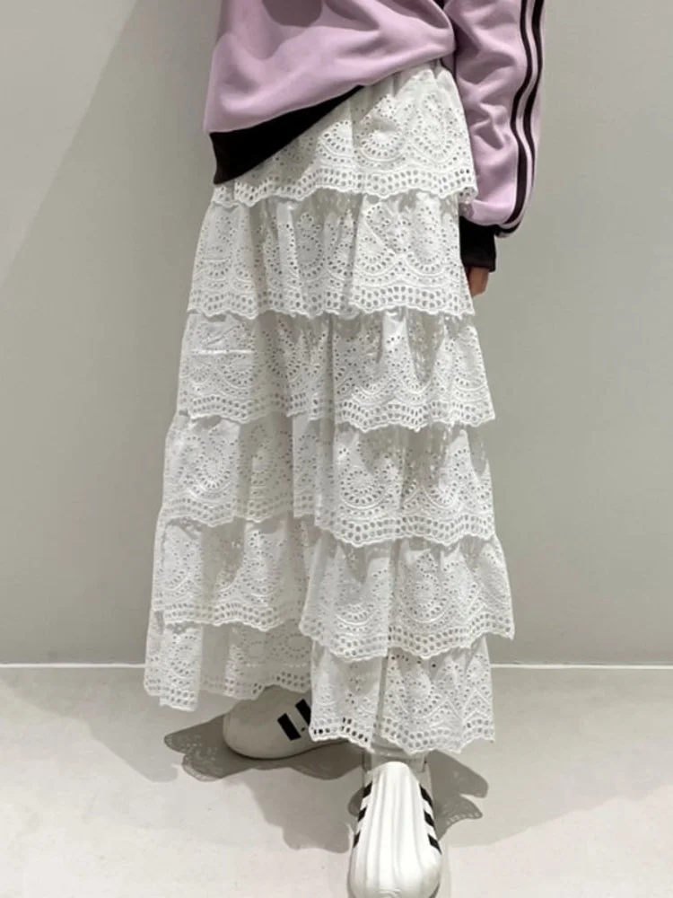 

Женская кружевная юбка с вырезами, юбка до середины икры с оборками в Корейском стиле, новинка весны-лета 2023, M603