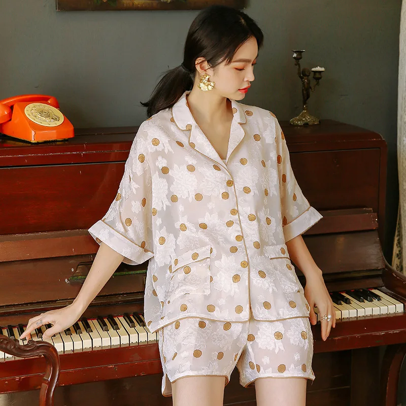 Summer Shorts Set Loose Women Silk Pyjamas Femme Satin Dots Pijama Vntage Print Sleepwear Short Sleeve Pajamas Casual Home Suit