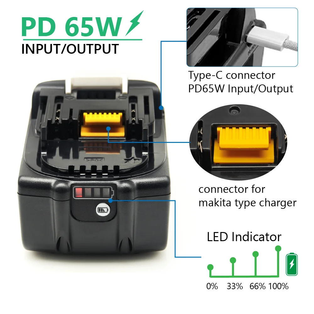Фото Аккумулятор TPCELL PD65W 4/5/6 Ач для MKT 18V с входом/выходом Type-C, литий-ионный, для электроинструментов, замена LXT BL1850 BL1840 №1