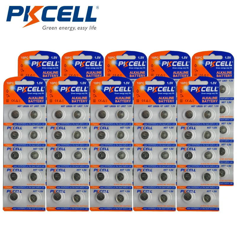 

100pcs/10Card PKCELL AG7 LR926 G7 LR57 L927 395 SR57 SR927SW 195 1.5V Button Coin Cell Alkaline Watch Battery