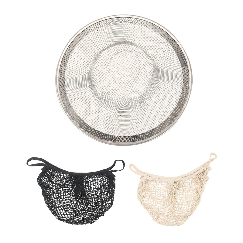 

1X Basket Drain Garbage Stopper Metal Mesh Sink Strainer & 2Pcs Reusable Mesh Cotton Net String Bag (Black,Beige)