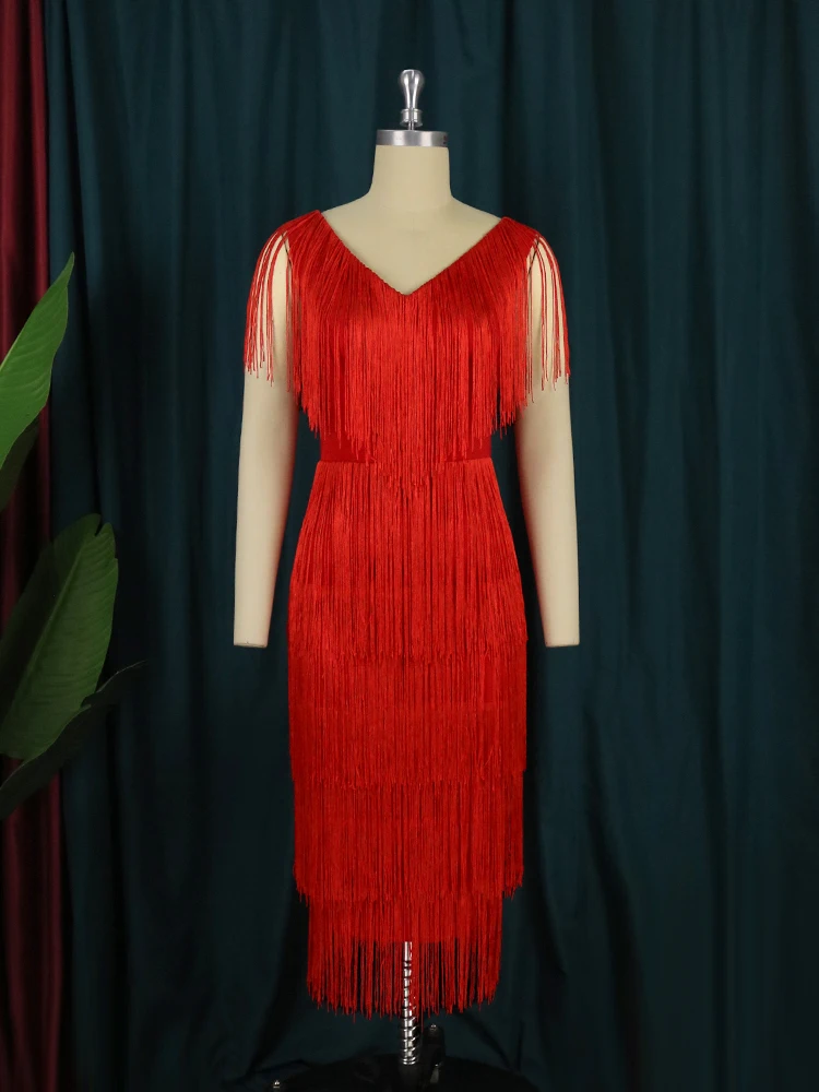 AOMEI Tassel Dresses V Neck Sleeveless High Waist Plus Size Women Fringe Dance Curve Evening Birthday Party Gowns Sexy Club New
