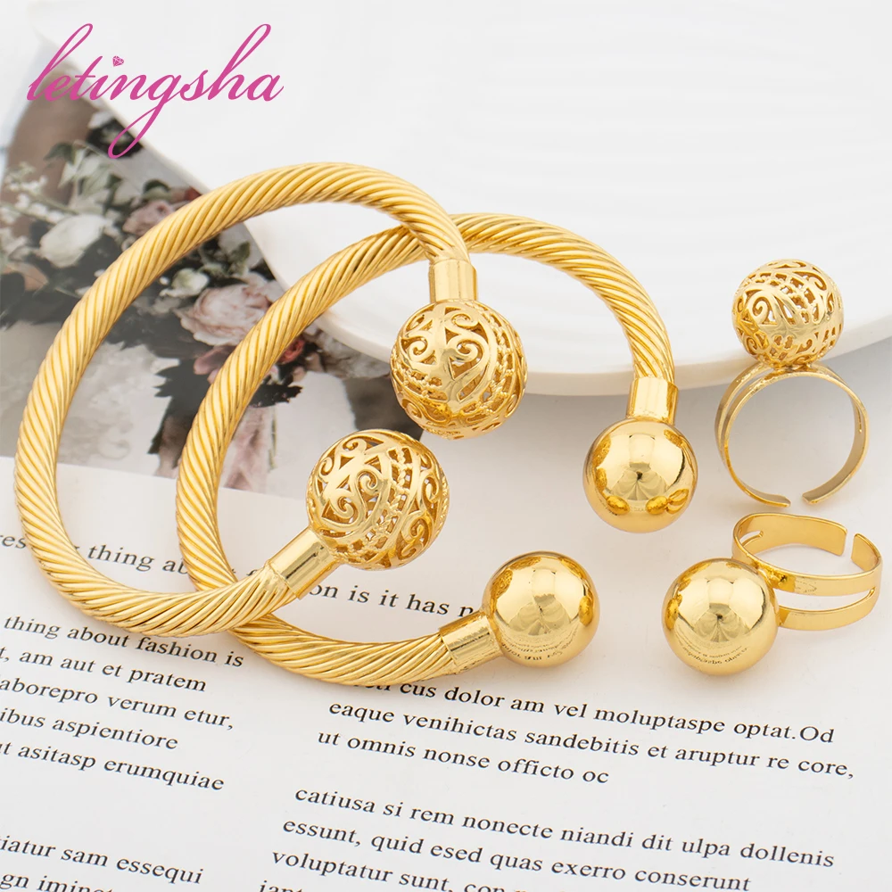 

Fashion Women Bracelet Set Newest Beads Bangle with Ring Set African Luxury Gold Plated Ladies Jewelry Exquisite Jewellery Gift