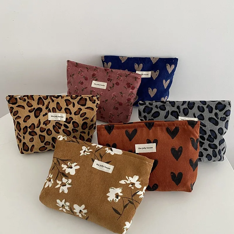 

Corduroy Retro Leopard Print Cosmetic Bag Wash Bag Women Travel Portable Makeup Pouch Lipstick Phone Organizer Case Women Clutch