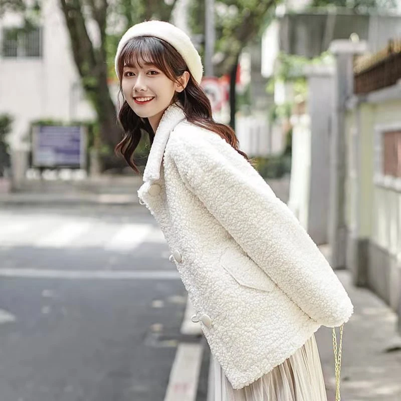 Faux Fur Thicken Coat with Bag for Women Warm Soft Loose Lamb Fur Jacket Female 2023 Winter Kawaii Overcoat Cute Button Plush