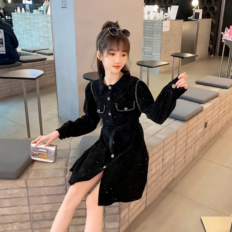 

2022 autumn teens girls dress Turn Down Collar Button Design Top Grade Flannel Black Princess Dresses Children A-Line Costumes
