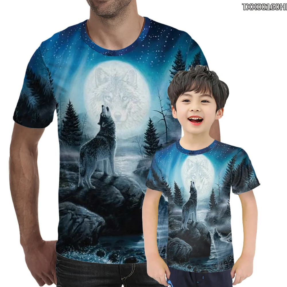 

Summer men's round neck short sleeve T-shirt 3D full moon wolf howl print