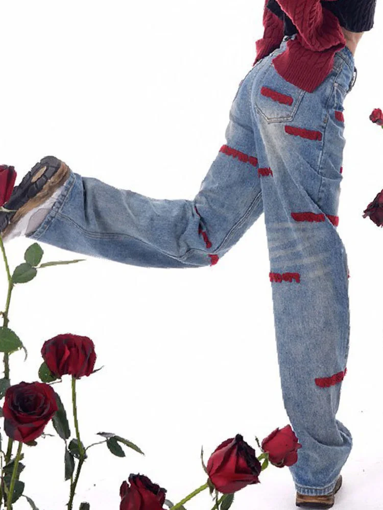 

Embroidery Style Stereoscopic Towel Shows Thin Versatile Straight Jeans Autumn Winter Women 2023 New Long Pants