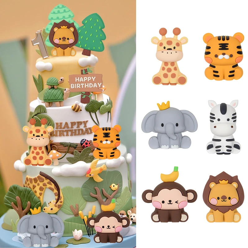 

Jungle Safari Animal Cake Topper Cute Lion Elephant Giraffe Cake Decoration Kids 1st Birthday Forest Tropical Party Decorations