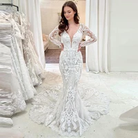 sevintage luxury lace appliques embroidery mermaid wedding dresses long sleeves v neck bridal gowns wedding gown custom made