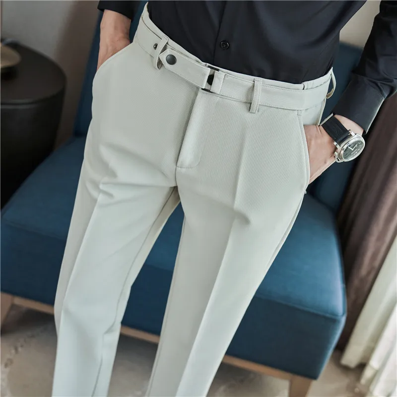Men Boutique Slim Suits Pants Male Formal Wear Fit Trousers Men British Style Belt Decoration Business Casual Suit Pants 36