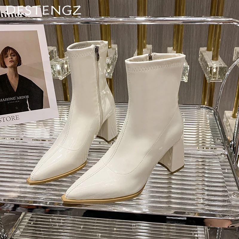 Женские ботильоны с острым носком кожаная обувь на высоком массивном каблуке