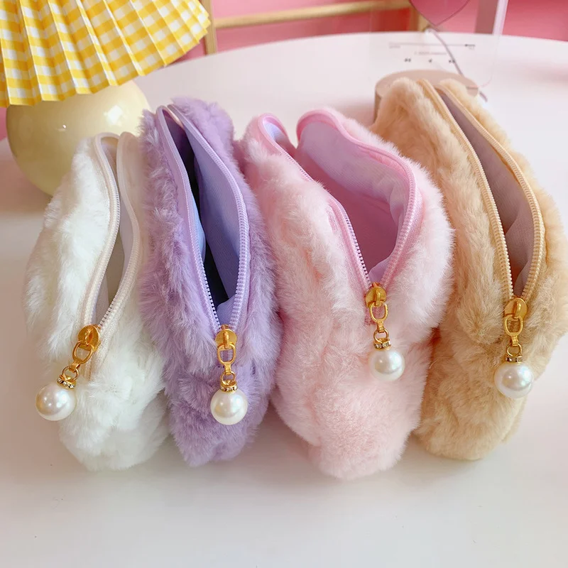 

Женская Корейская искусственная плюшевая сумка с вышивкой медведя из мультфильма, мягкий карандаш для девушек, органайзер для хранения косметики, сумка-клатч, сумочка