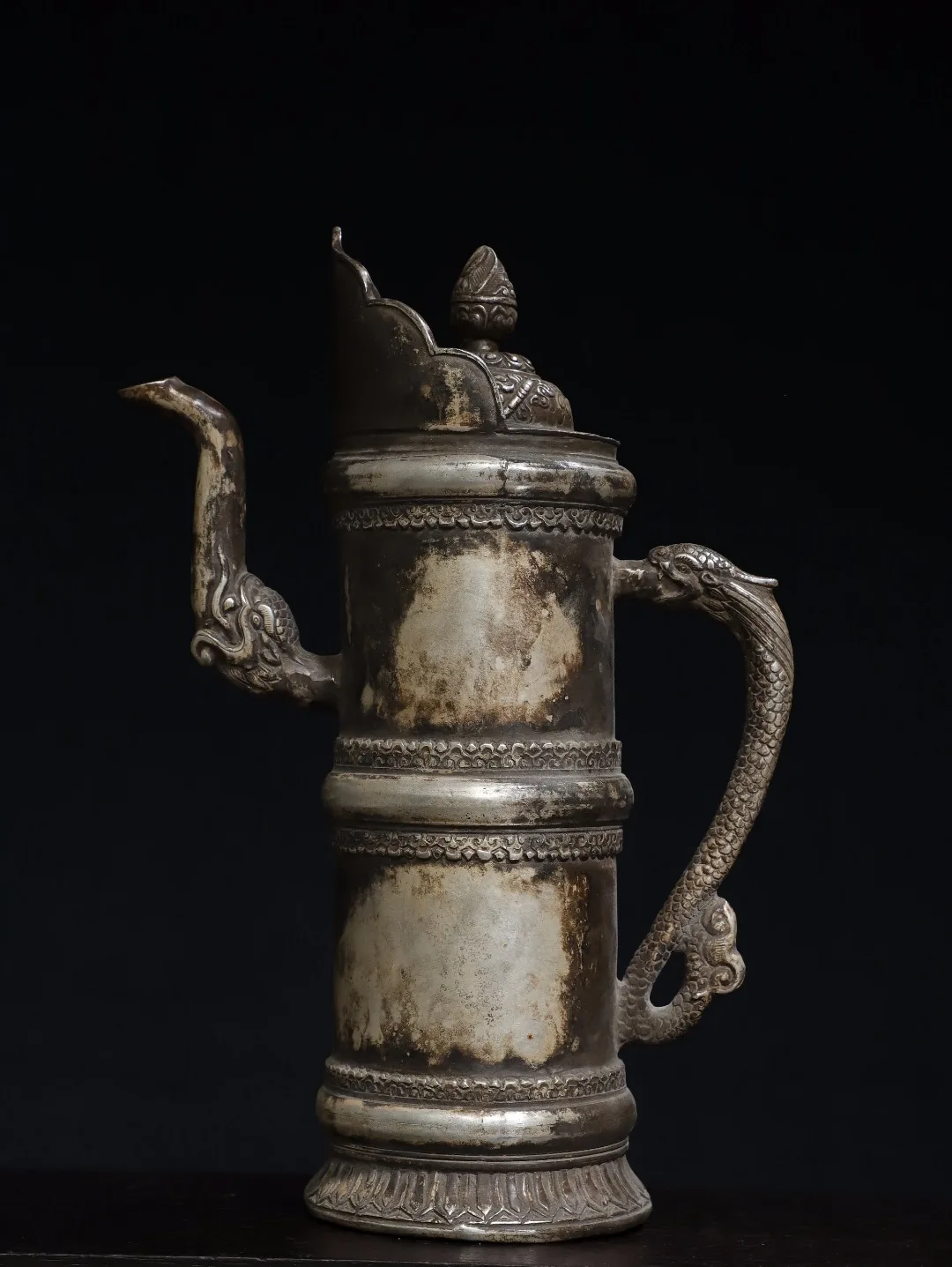 

13"Tibet Temple Collection Old Bronze Gilding Silver Dragon head handle Butter pot Hiding Kettle Teapot Worship Hall Town house