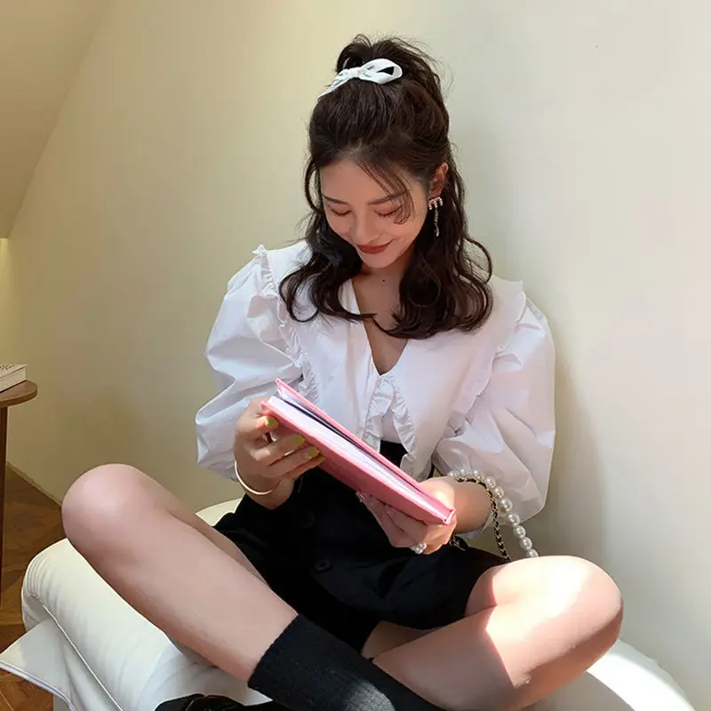 Женские рубашки ярко-белые простые с воротником в стиле Питера Пэна во