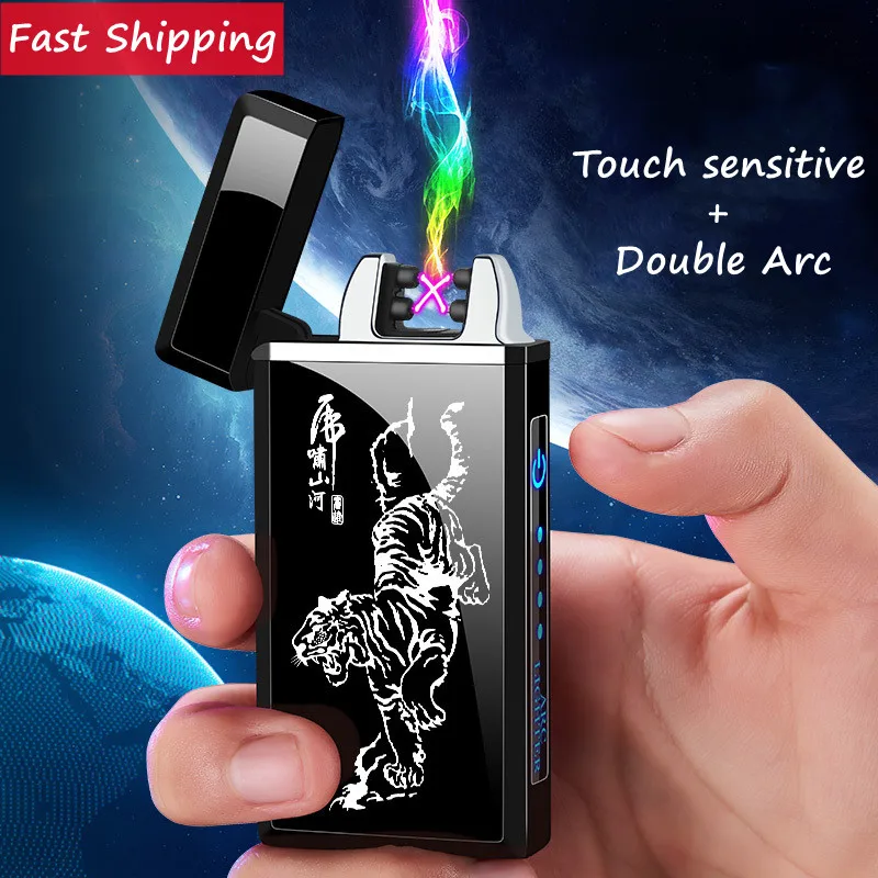 New Windproof Metal Double-Arc Lighter Plasma USB Rechargeable Flameless Lighter Pulse Touch Induction Lighter Men's Gift