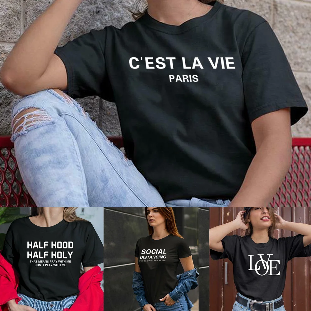 

2022 Summer Women T-Shirts Harajuku Fashion Female Clothes T Shirt O-neck Pullover Short Sleeve Top Blouses Text Print Kpop Tees