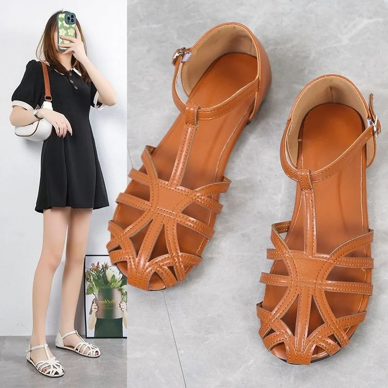

Beige Sandals Vintage Women's Shoes Summer Black Original Fashion Gladiator Comfortable Plain Strap Sexy Casual Sandals Women