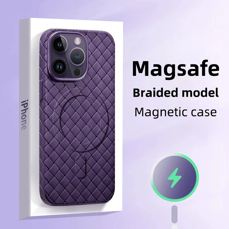 

Роскошный противоударный сетчатый Плетеный чехол из искусственной кожи для телефона iPhone 15 14 13 Pro Max Magsafe, Магнитный чехол-накладка