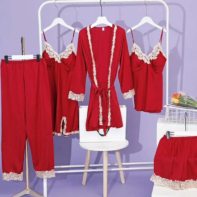 5 Piece Women's Pajama Set Lace Sexy Pajamas Nightdress Ladies Ice Silk Soft Comfort Set Spring Summer Homewear