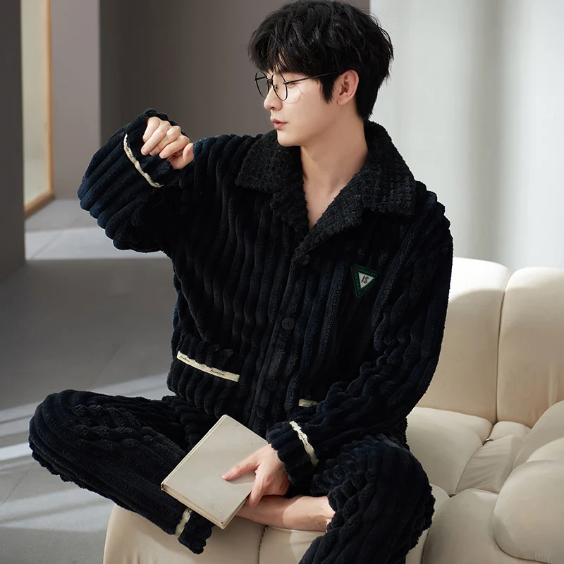 QUHENG Flannel Men's  Autumn 2022 Winter Thicken Warm Pajamas Sets Male Long Sleeve Trousers Nightgown Sleepwear Home Clothing