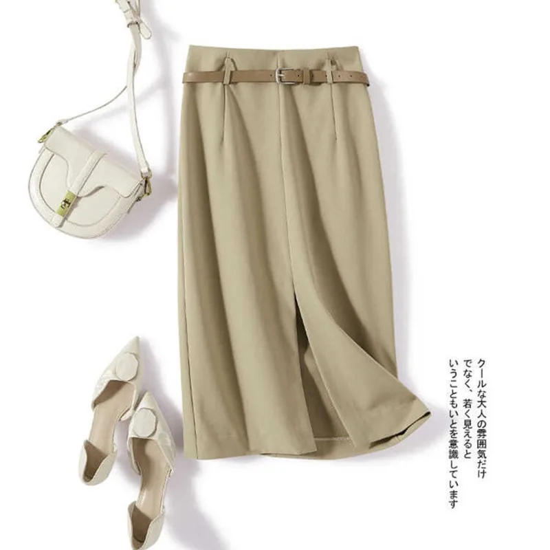 

New Spring Summer Khaki Skirt for Women Elegant Straight Office Work Midi Skirts Front Split Korean Fashion Belted Faldas Mujer