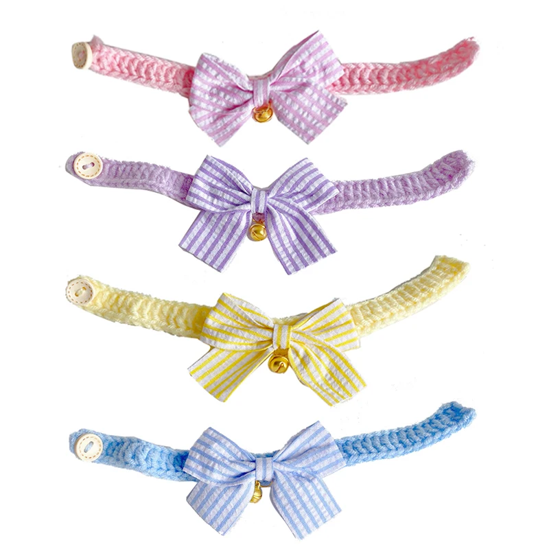 

Summer Knitting Pets Collar with Bell Candy Color Bowknot Cats Neck Strap Knitted Puppy Yorkie Bibs Kitten Costumes Necklace
