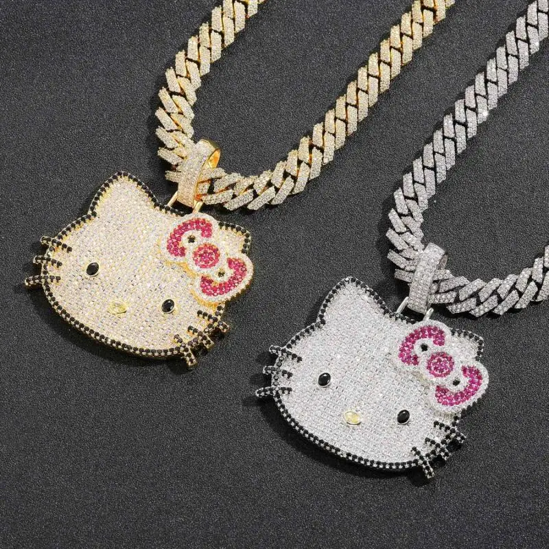 Ожерелье Hello Kitty с бриллиантами аниме-кулон Ins модный тренд хип-хоп мужское и