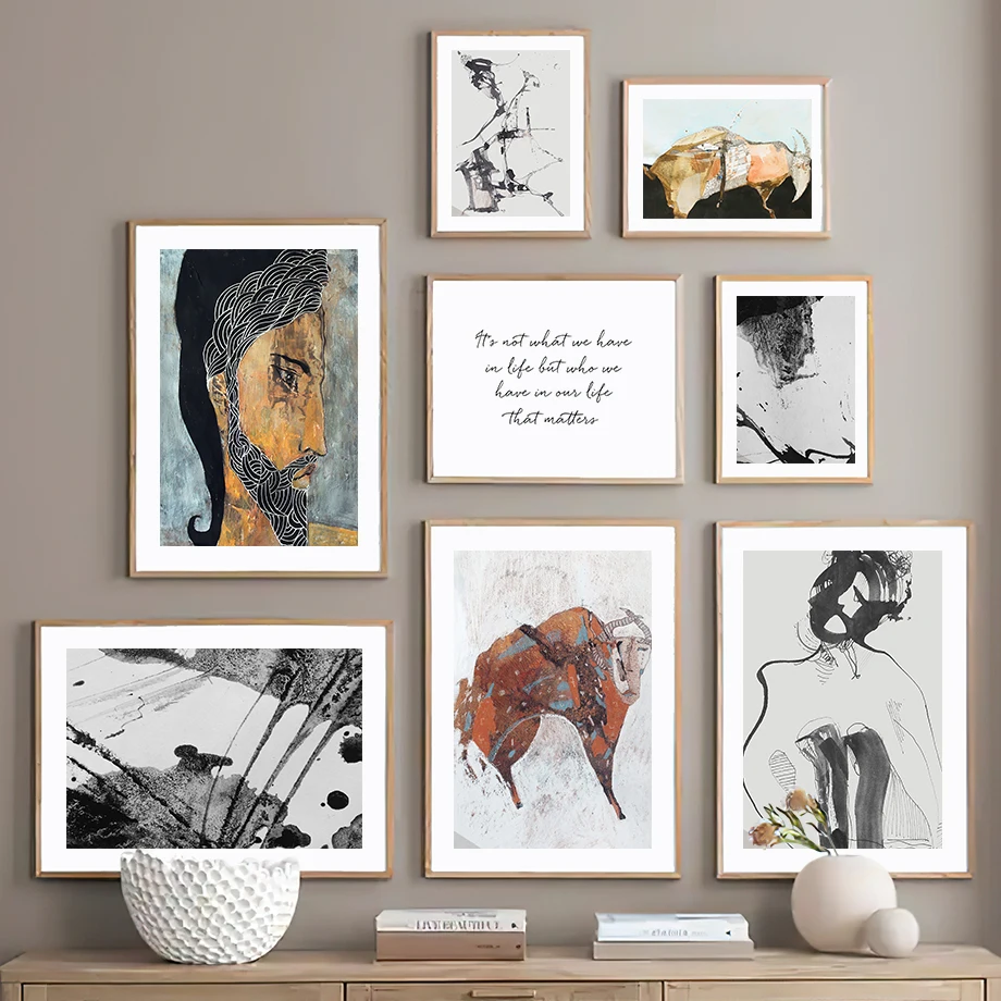 

Настенная Картина на холсте бороды Человек Корова чернила для письма черные белые скандинавские плакаты и принты настенные картины для дек...