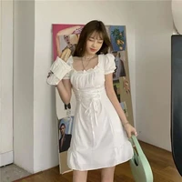 qweek white puff sleeve bandage dress women sweet kawaii korean ruffle mini dresses square collar kpop robe clothes 2022 summer