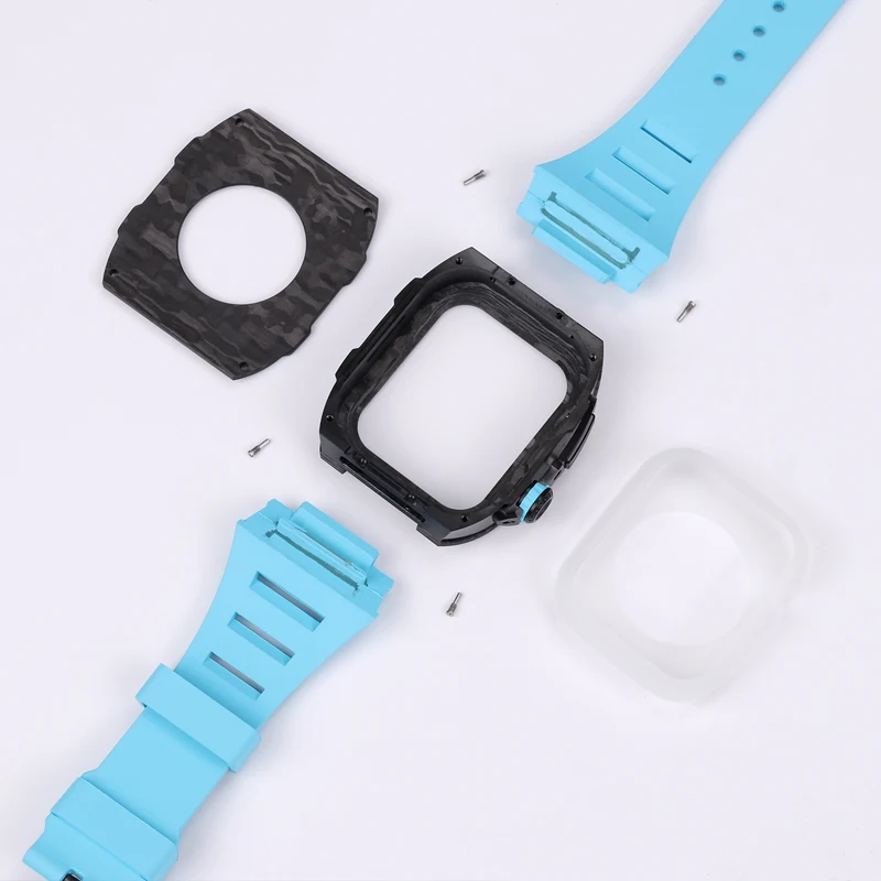 Luxury Carbon Fiber Modification Kit For Apple Watch 8 7 45mm Fluorine Rubber Strap Titanium Alloy Case for iWatch 6 5 4 SE 44mm