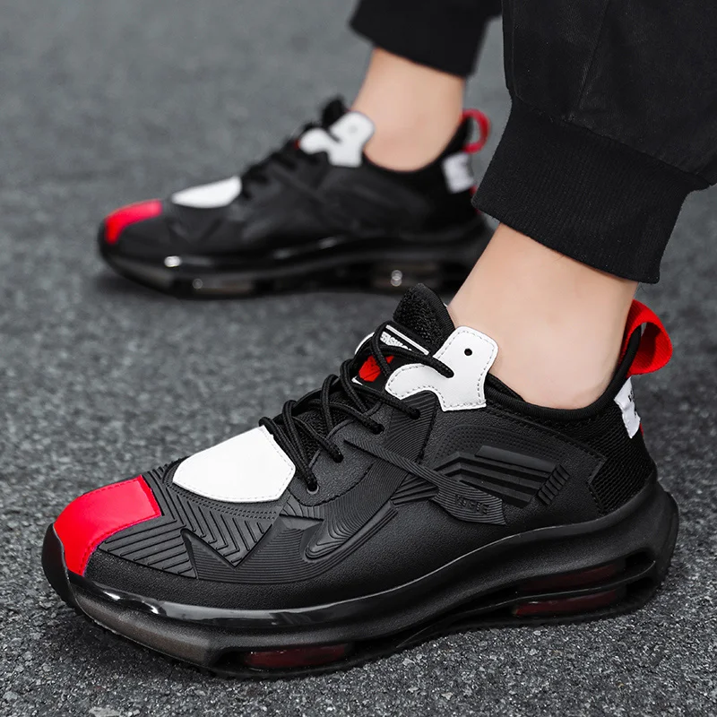 

Summer Men's Casual Flat Sneakers Black Breathable Comfort Air Cushion Shoes Outdoor Lightweight Fashion Lace Up Black Sneakers