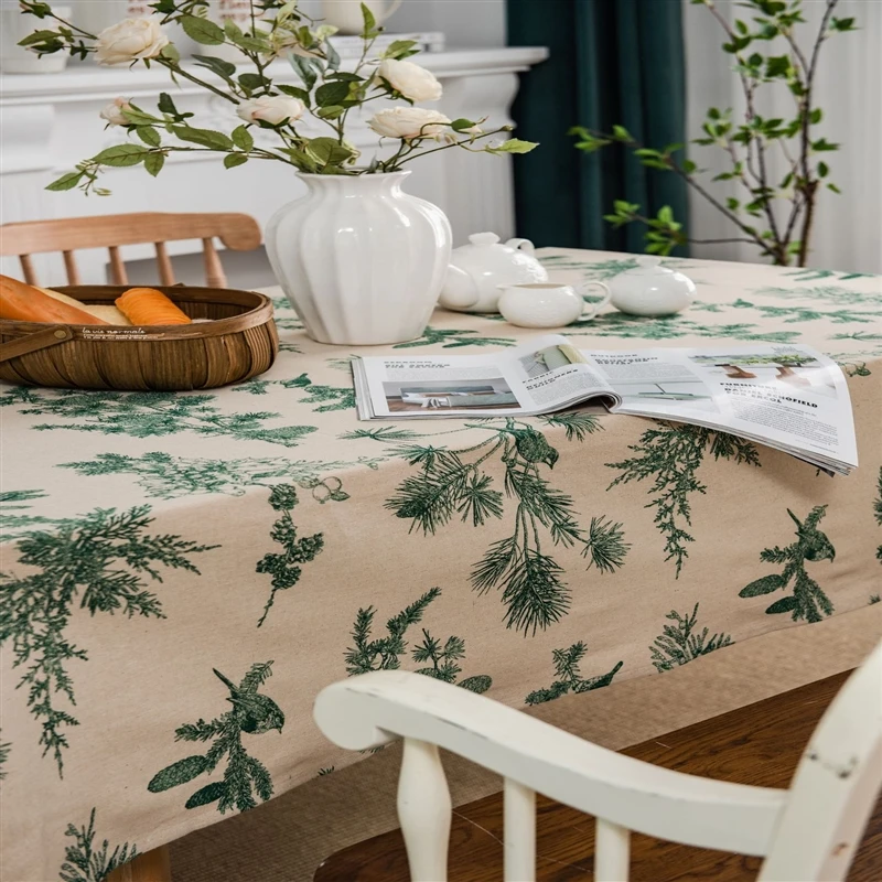 Скатерть из хлопка и льна, прямоугольная Декоративная скатерть с принтом зеленых птиц и растений для стола, обеденного сада и кухни