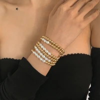 simple handmade golden beaded imitation pearl strand bracelet stretch layered stack balls bracelets fashion friendship jewelry