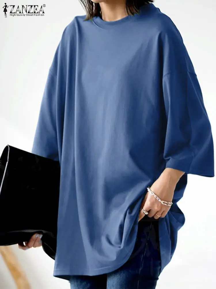 

Женские топы ZANZEA, осенняя Свободная блузка с круглым вырезом и рукавом 3/4, стильный Повседневный Однотонный пуловер, Женская толстовка, мешк...