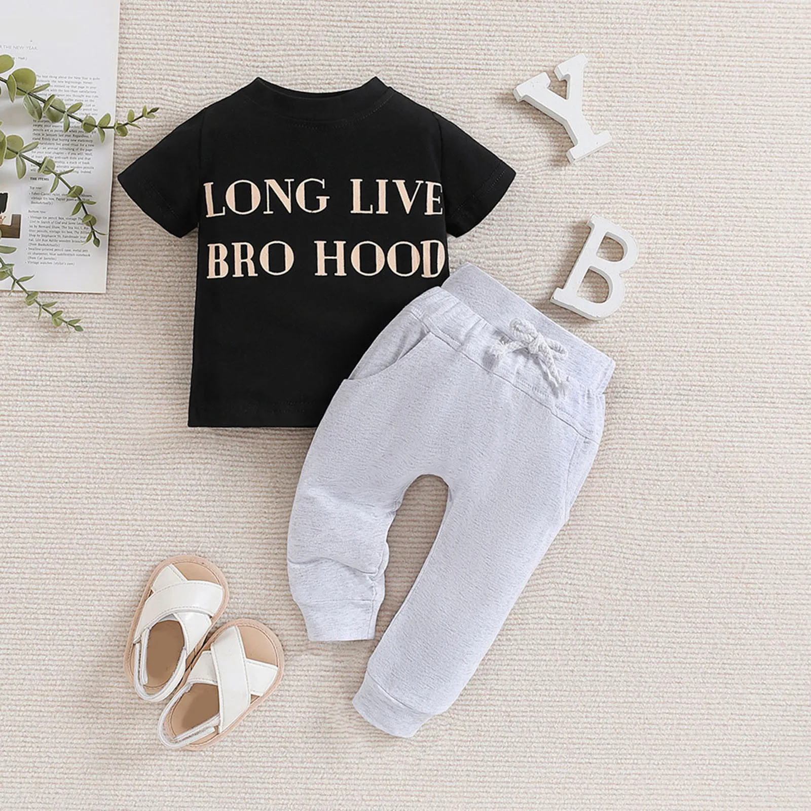 

Newborn Infant Baby Unisex Spring Summer Print Cotton Short Sleeve Pants Outfits Baby Girl Outfits with Matching Headbands