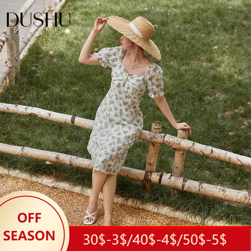 

DUSHU Office Lady Loose French Embroidered Square Neck Dress Female Summer 2021 New Puff Sleeve Thin Retro Women Dress