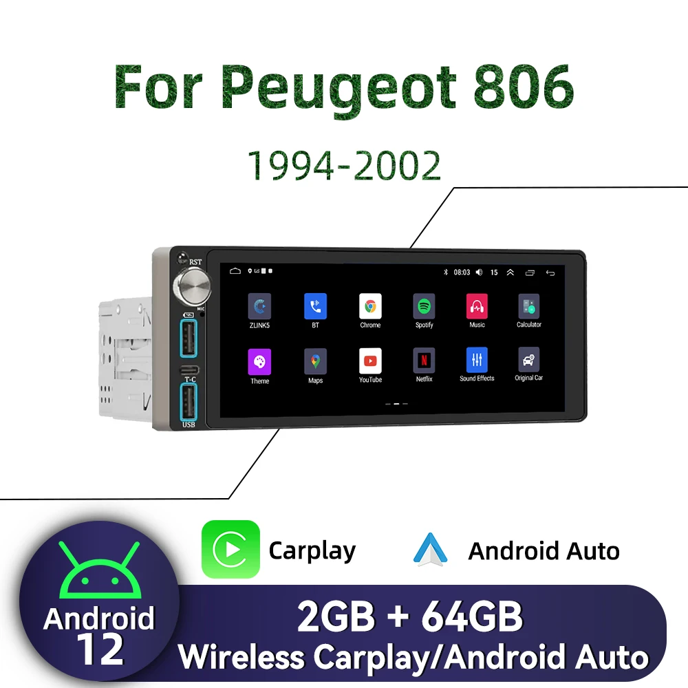 Мультимедиа с экраном Carplay 6 86 дюйма 1 Din Android автомобильное радио для Peugeot 806 1994-2002