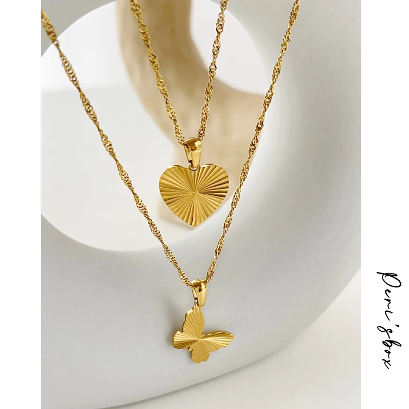 

Peri'sBox Gold Textured Butterfly Charm Necklace for Women Stainless Steel Water Wave Chain Heart Pendant Necklaces Waterproof