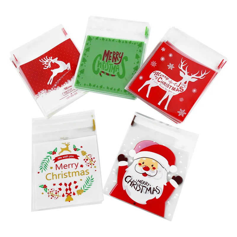 

100pcs Christmas Candy Gift Bag Plastic Candy Cookie Snack Biscuits Self-adhesive Packaging Xmas Party New Year Home Decoration
