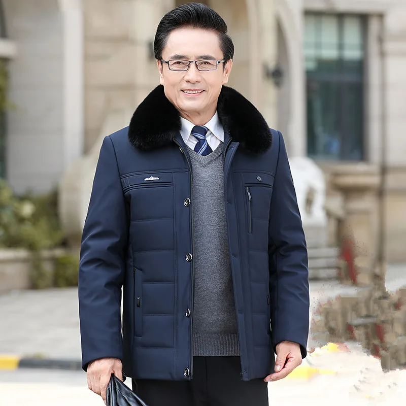 UHYTGF Middle-Aged Elderly Father Winter Cotton Jackets Men's Fur Collar Casual Male Parkas Coats Thicken Warm Short Overcoat144